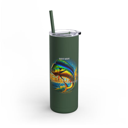 Green birth month travel tumbler with mahi mahi fish design and February text 