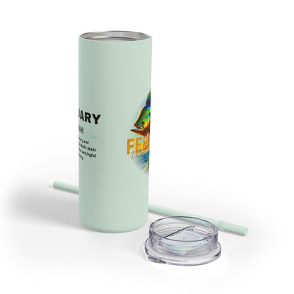 Birth month travel tumbler in light blue with removable lid and straw for February