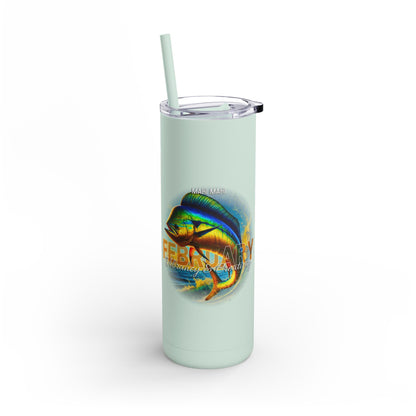 Light blue birth month travel tumbler with Mahi Mahi fish and February text design