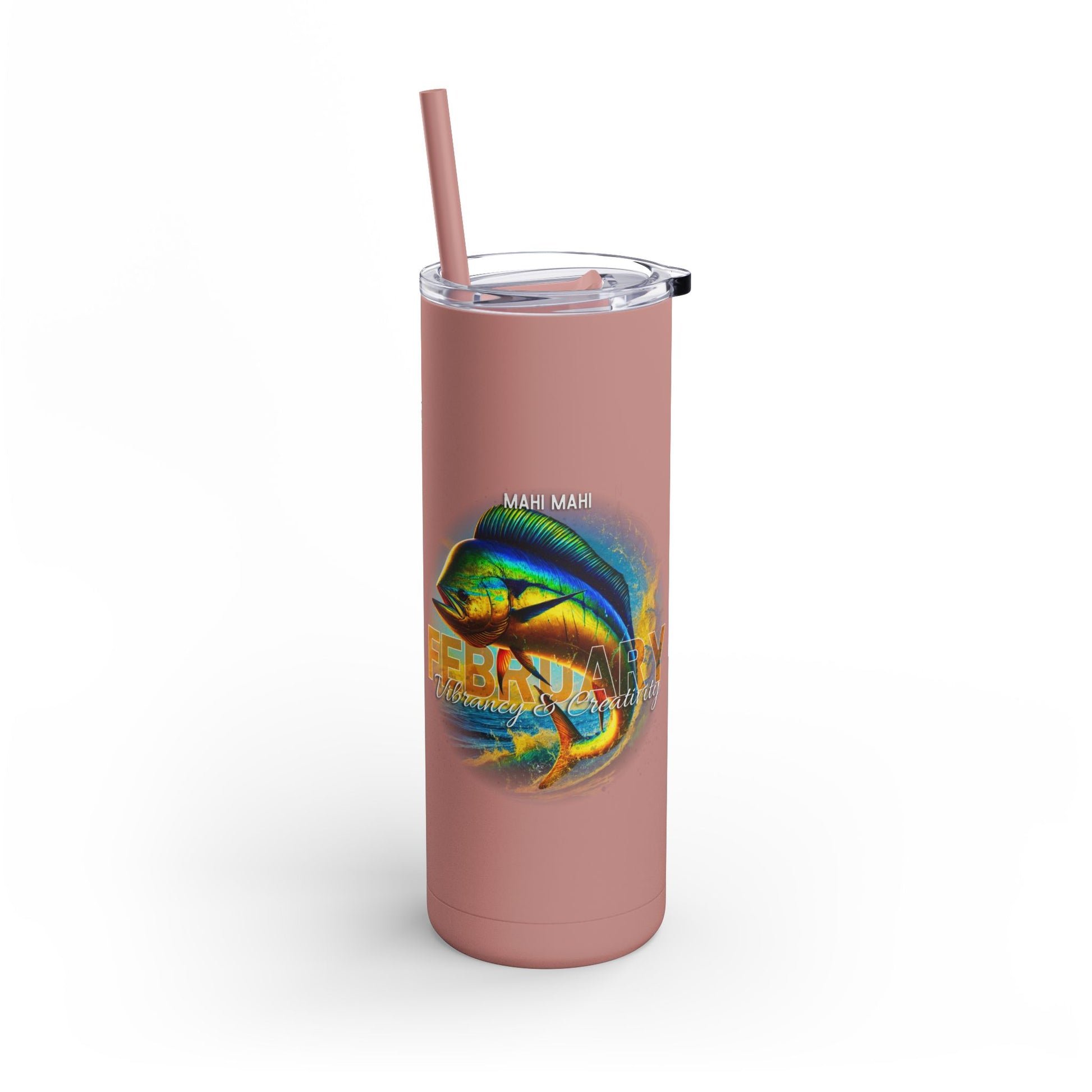 Pink birth month travel tumbler featuring a colorful mahi mahi fish design for February