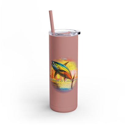 Printify birth month travel tumbler with tuna fish design and pink color with straw