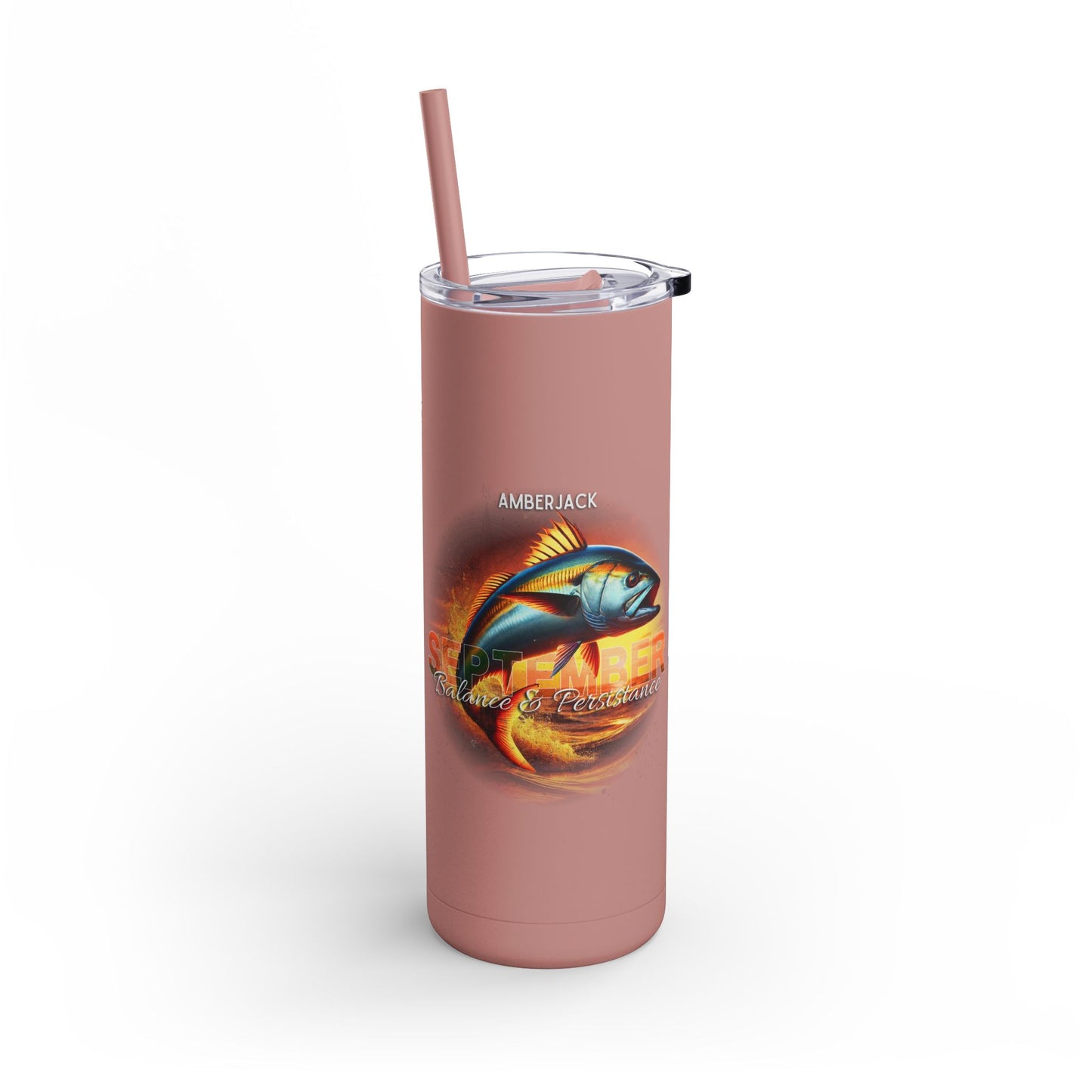Printify birth month travel tumbler in muted pink with amberjack fish design and clear lid with straw