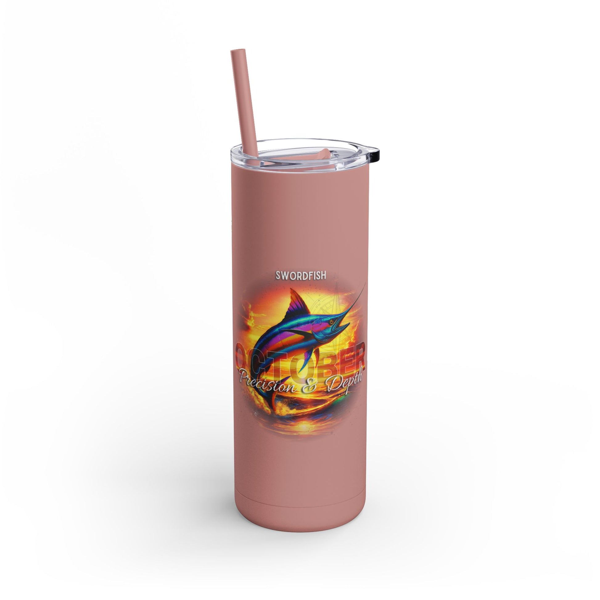 Birth month travel tumbler in pink with swordfish graphic and clear lid with straw