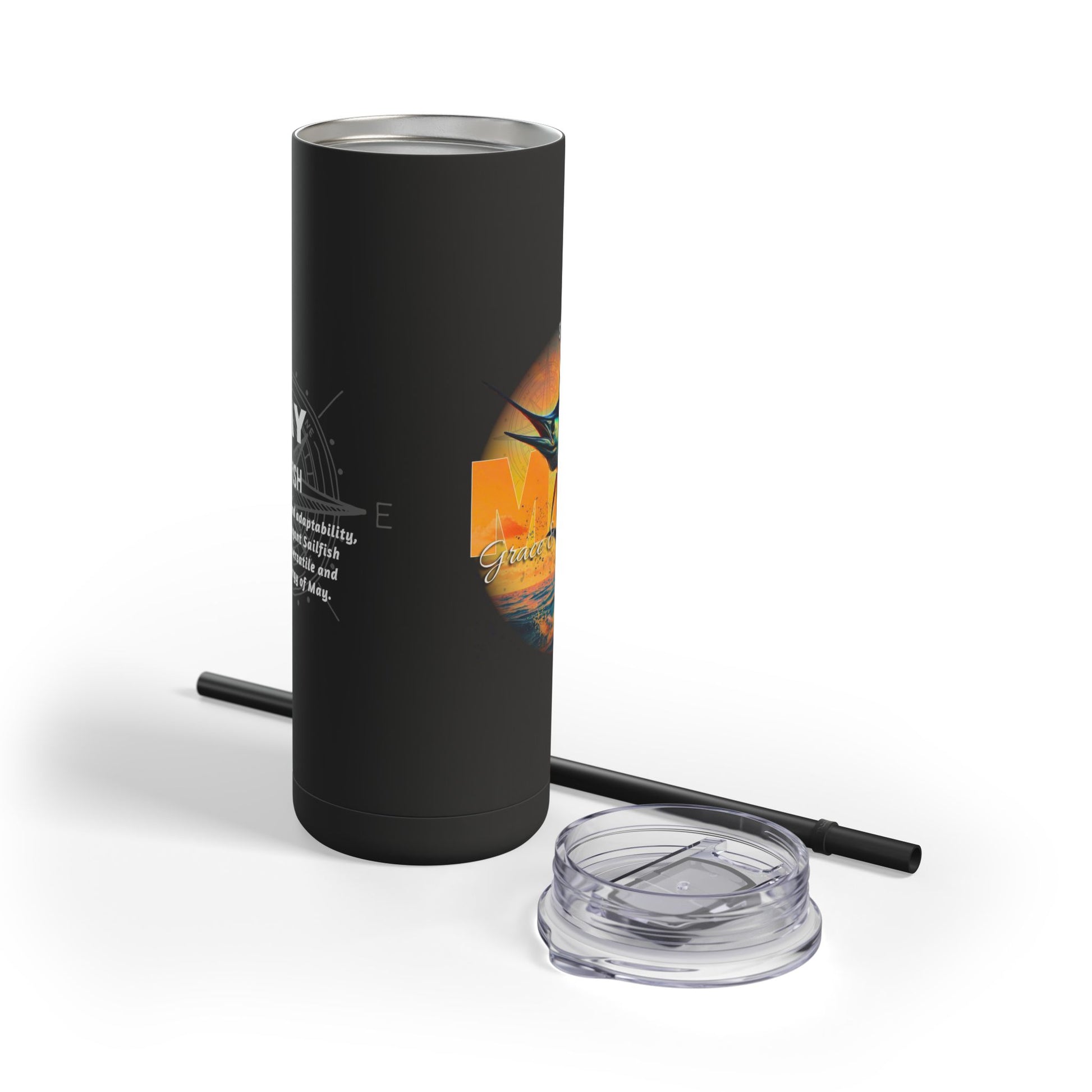 Black birth month travel tumbler mug with clear lid and black straw