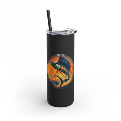 Black birth month travel tumbler featuring colorful sailfish design with straw and clear lid