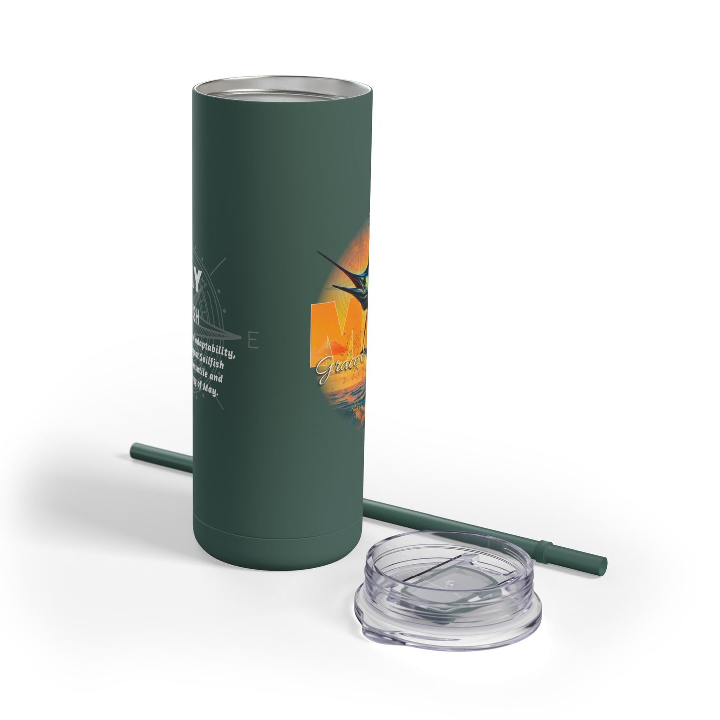 Birth month travel tumbler in dark green with removable lid and matching straw