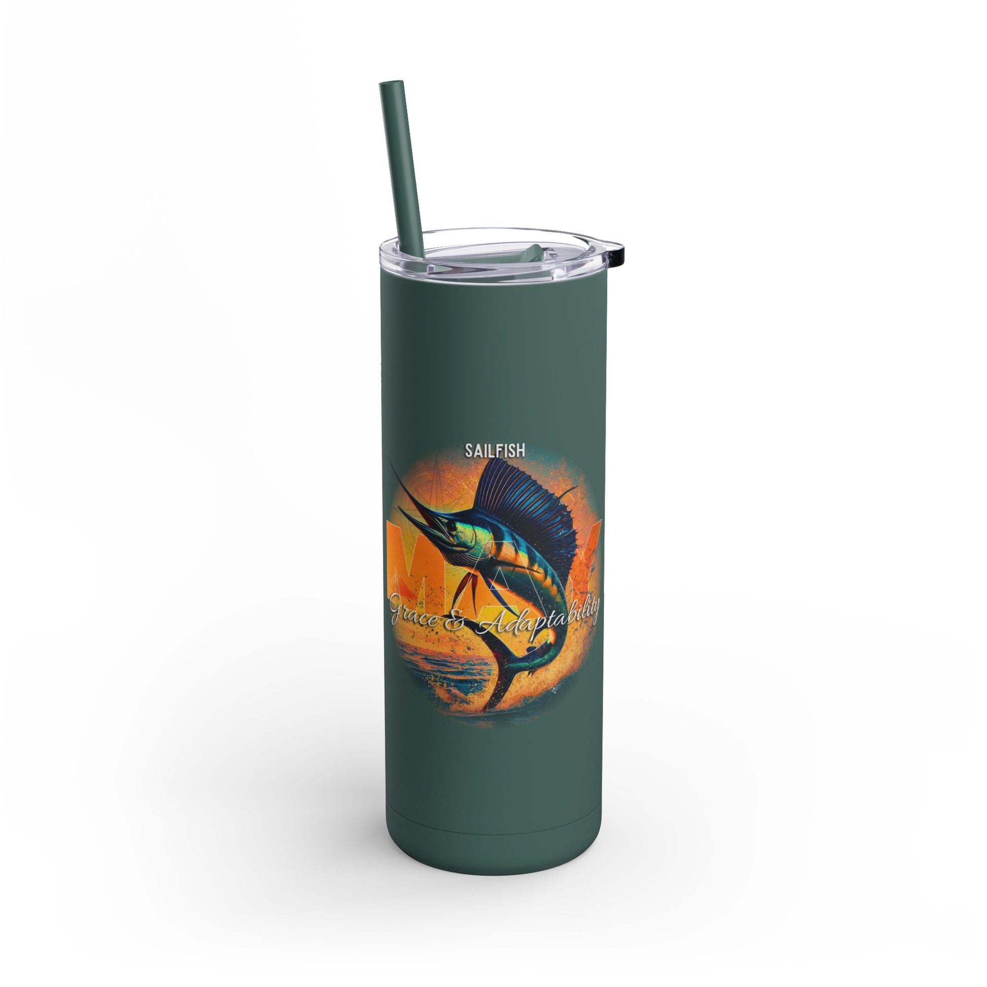 Birth month travel tumbler with sailfish design in dark green with straw and clear lid