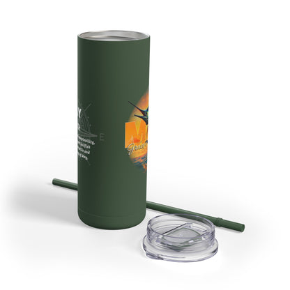 Birth month travel tumbler with dark green design, clear lid, and matching straw