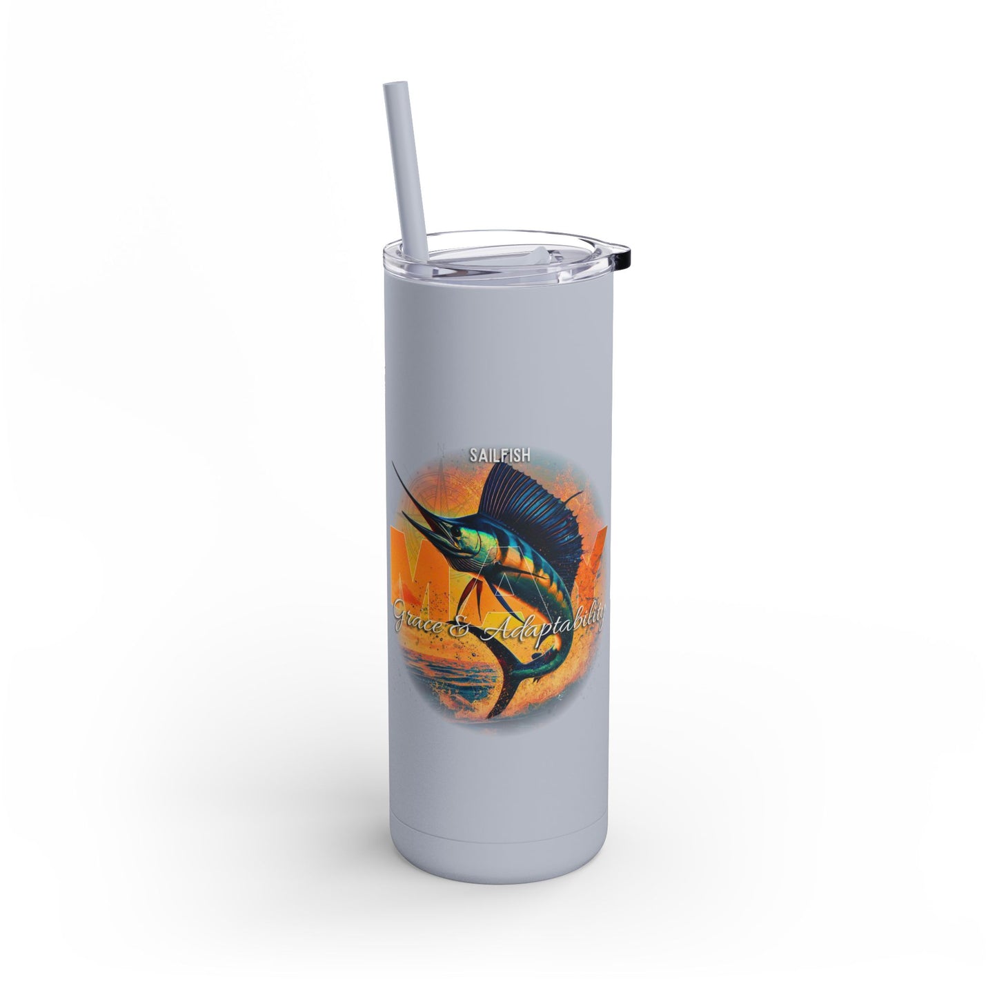 Birth month travel tumbler with sailfish design and clear lid with straw