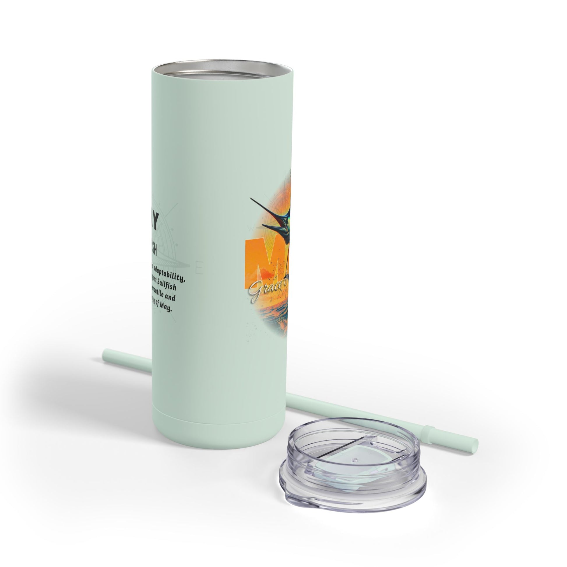 Birth month travel tumbler in light green with clear lid and matching straw