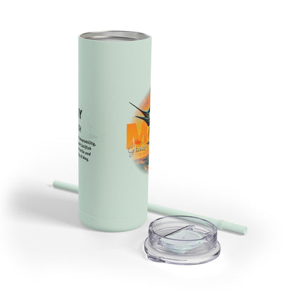 Birth month travel tumbler in light green with clear lid and matching straw