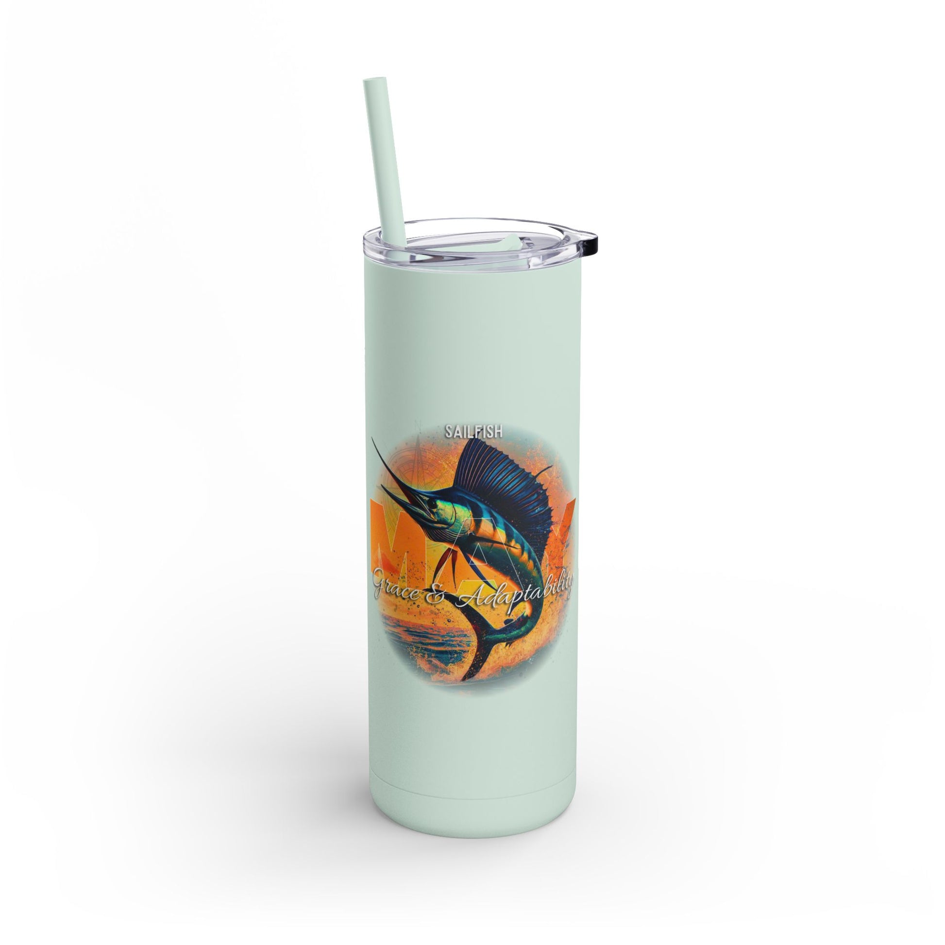 Birth month travel tumbler with sailfish design featuring light blue color and reusable straw