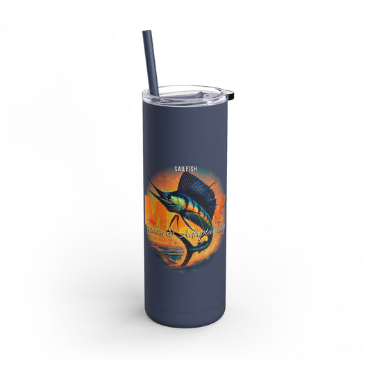 Birth month travel tumbler with sailfish design on navy blue insulated mug with straw lid