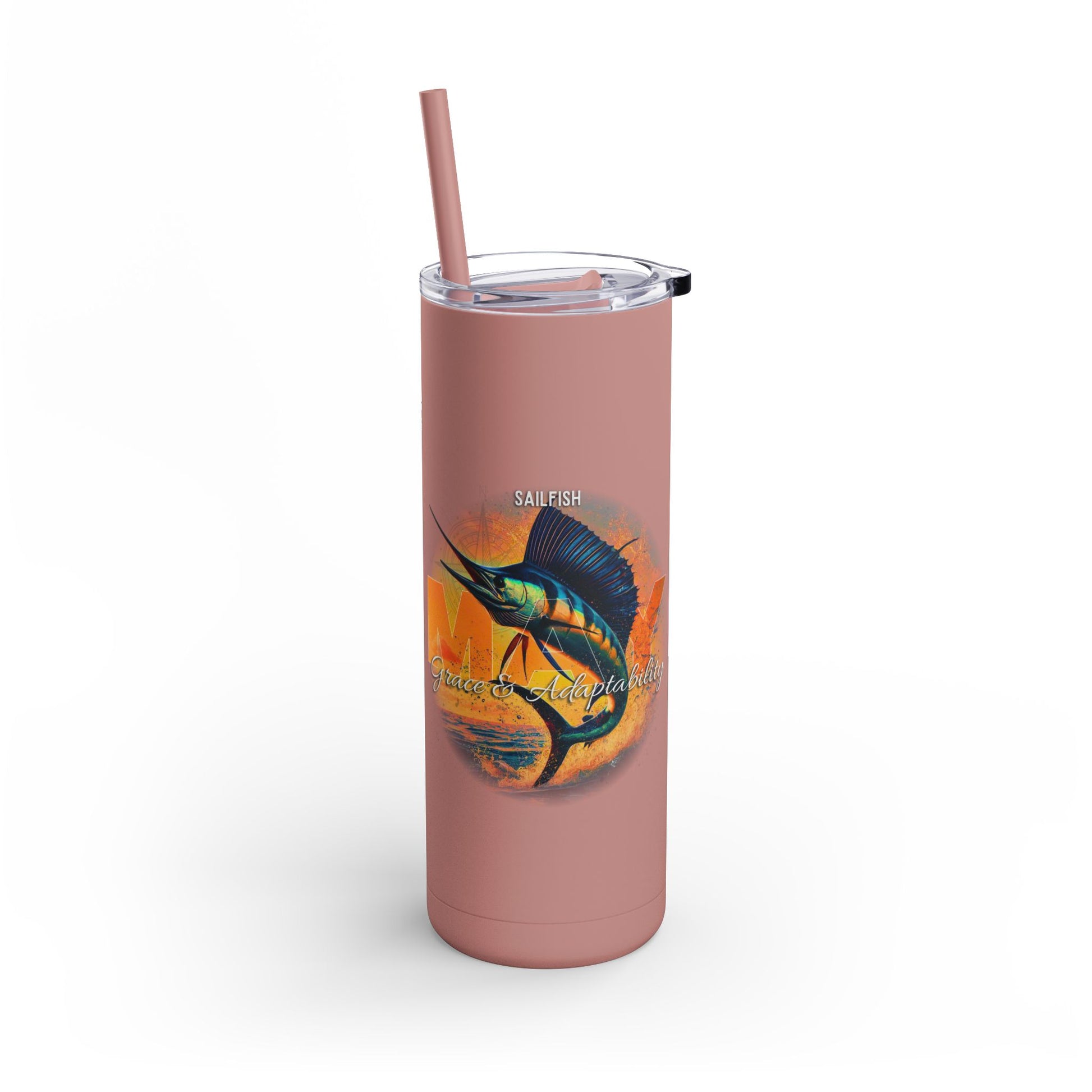 Birth month travel tumbler with sailfish design and matching straw in dusty rose color