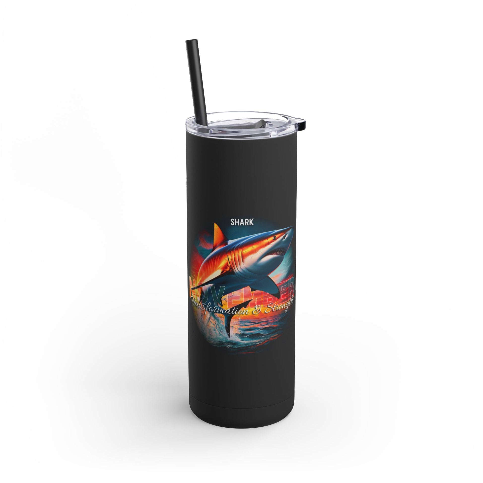 Black birth month travel tumbler with colorful shark design and clear lid with straw