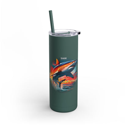 Green birth month travel tumbler with shark design and clear lid with matching straw