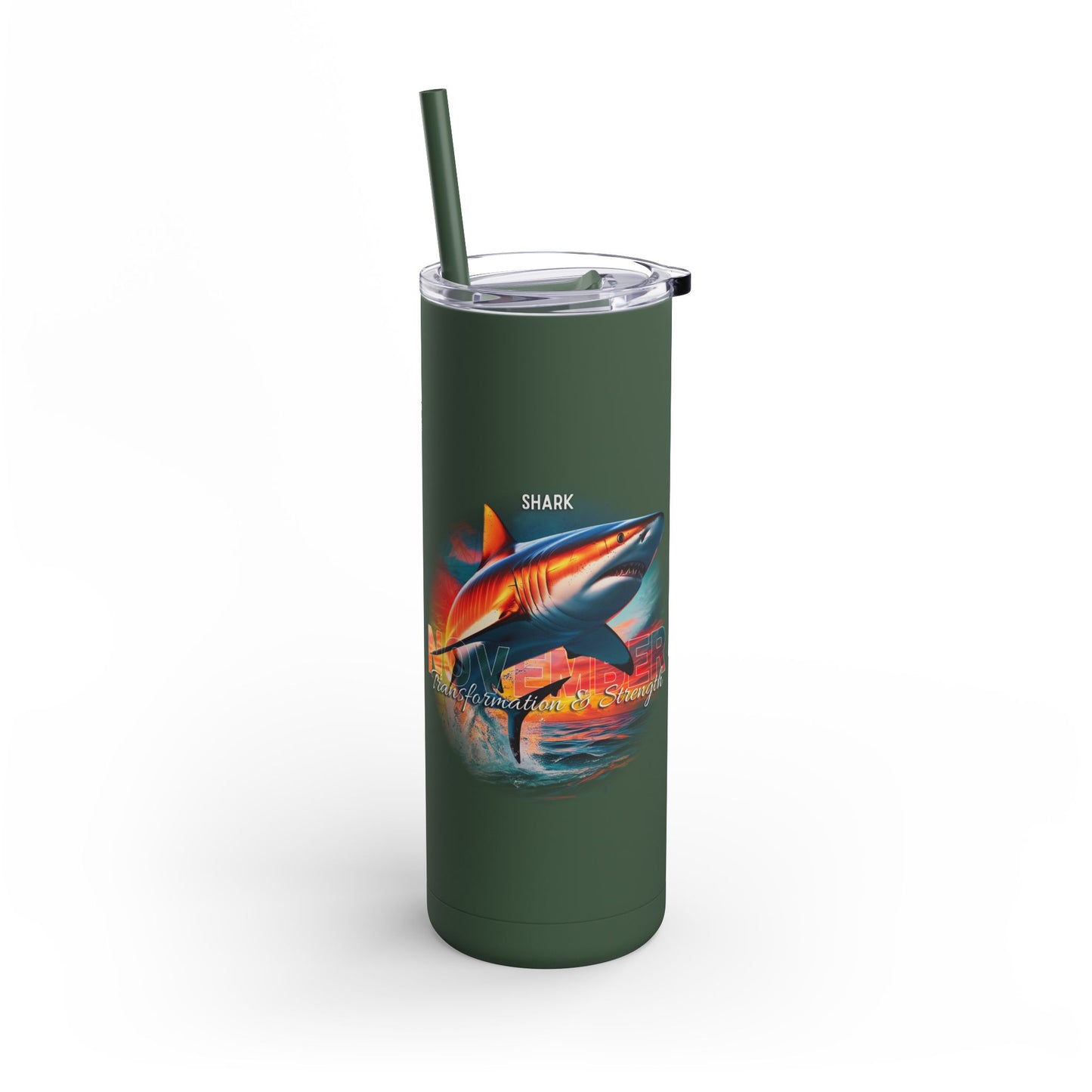 Green birth month travel tumbler featuring a shark design with a clear lid and matching straw