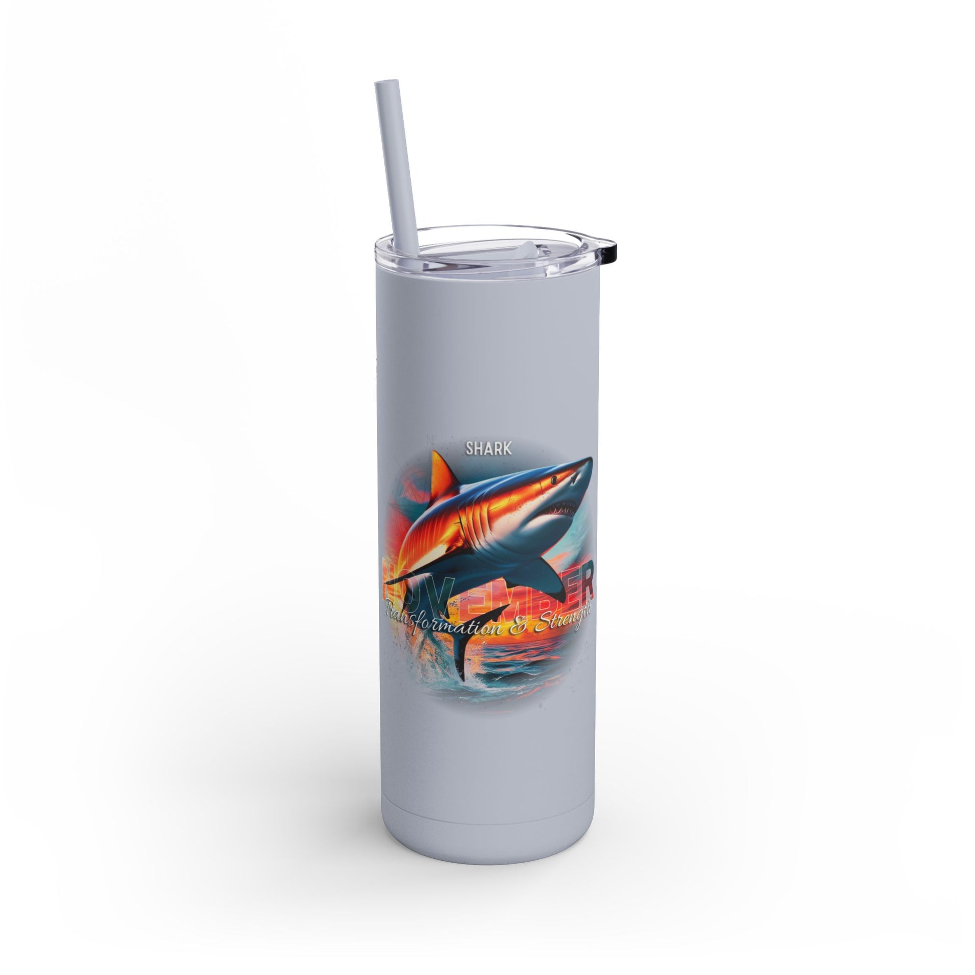 Birth month travel tumbler featuring a colorful shark design with clear lid and straw