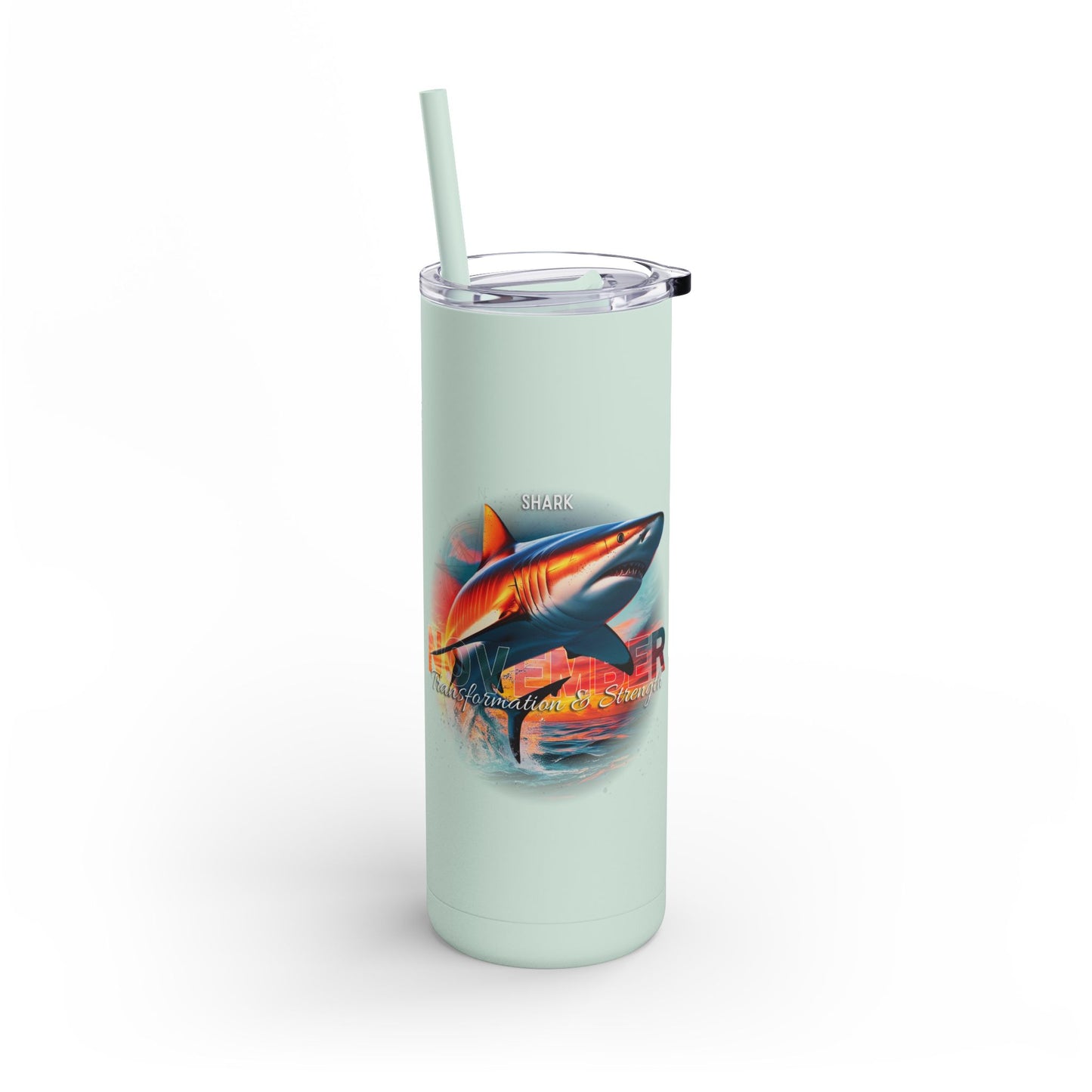 Birth month travel tumbler with shark design and reusable straw in light green color