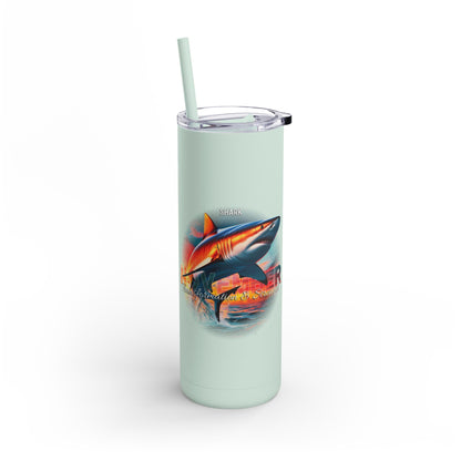 Birth month travel tumbler with shark design and reusable straw in light green color