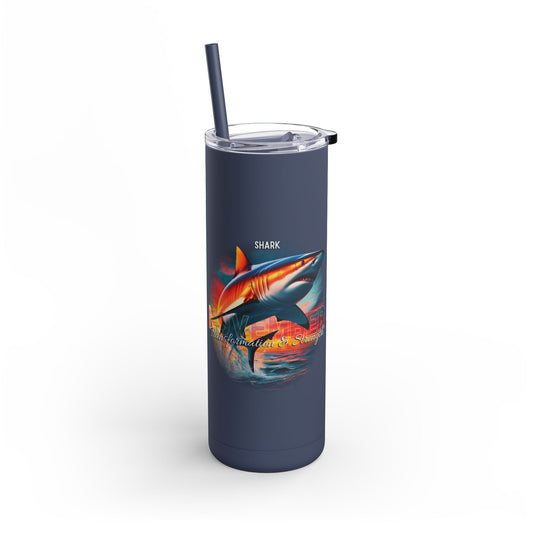 Birth month travel tumbler featuring a colorful shark design with straw and lid