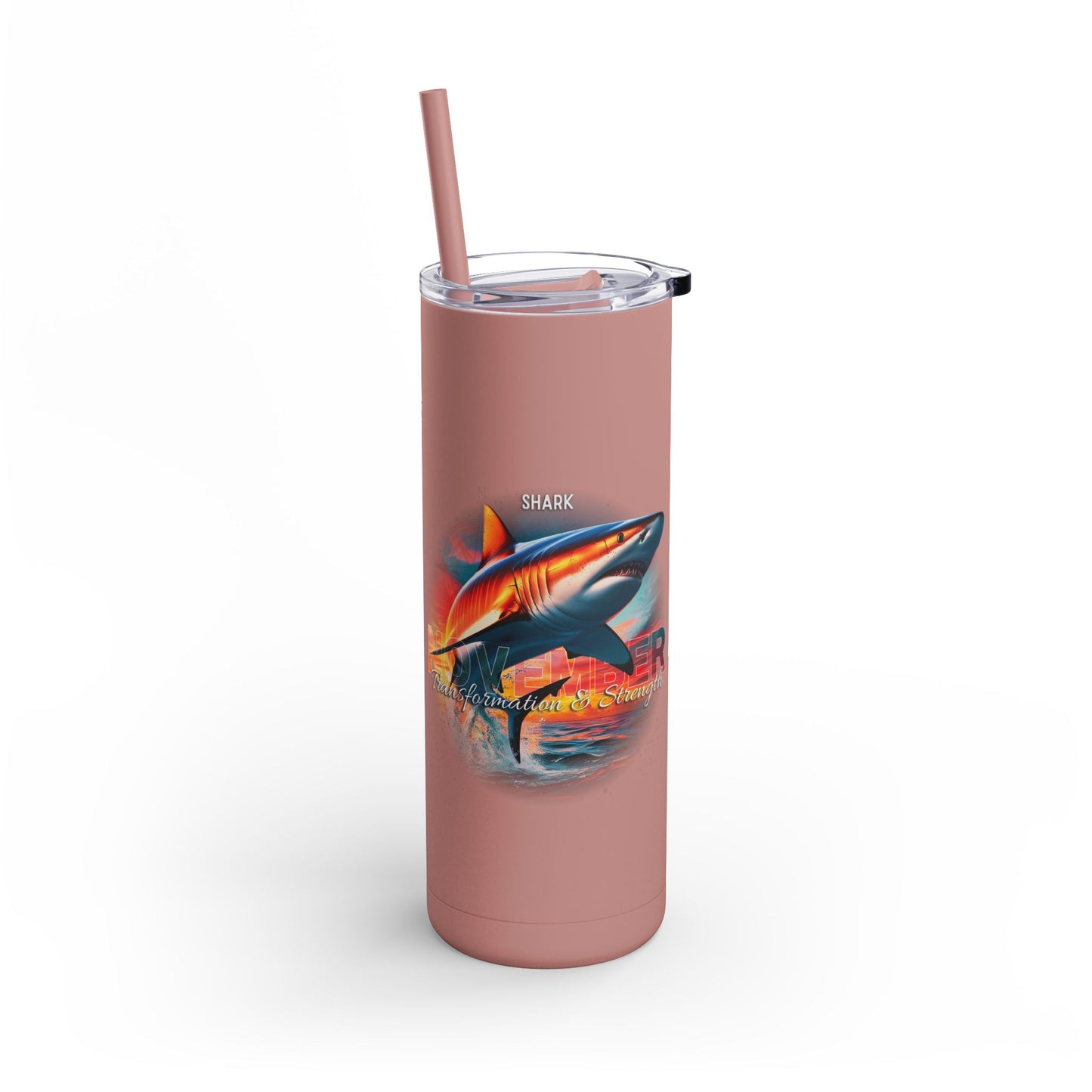 Pink birth month travel tumbler with shark design and matching straw 