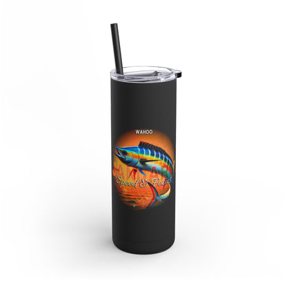 Black birth month travel tumbler featuring colorful wahoo fish design with straw lid