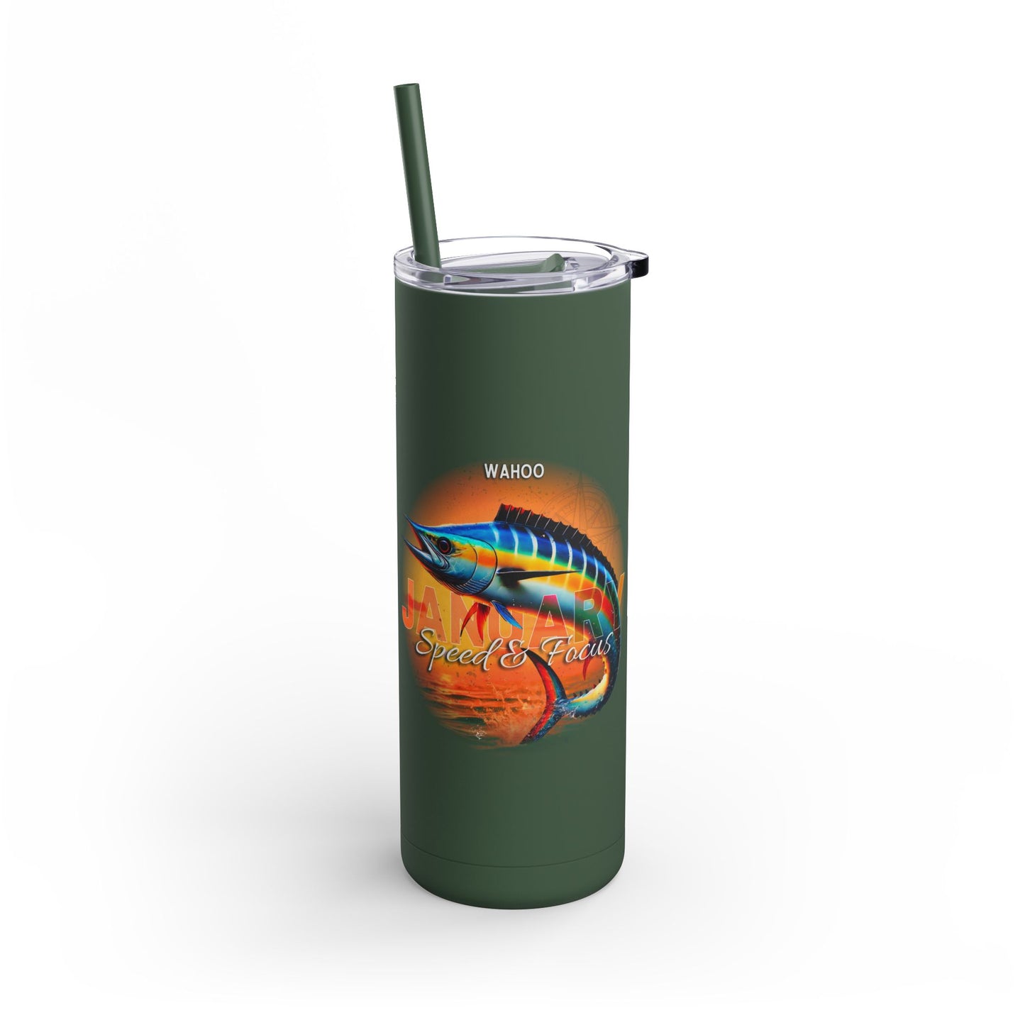Green birth month travel tumbler with wahoo fish graphic and clear lid with straw