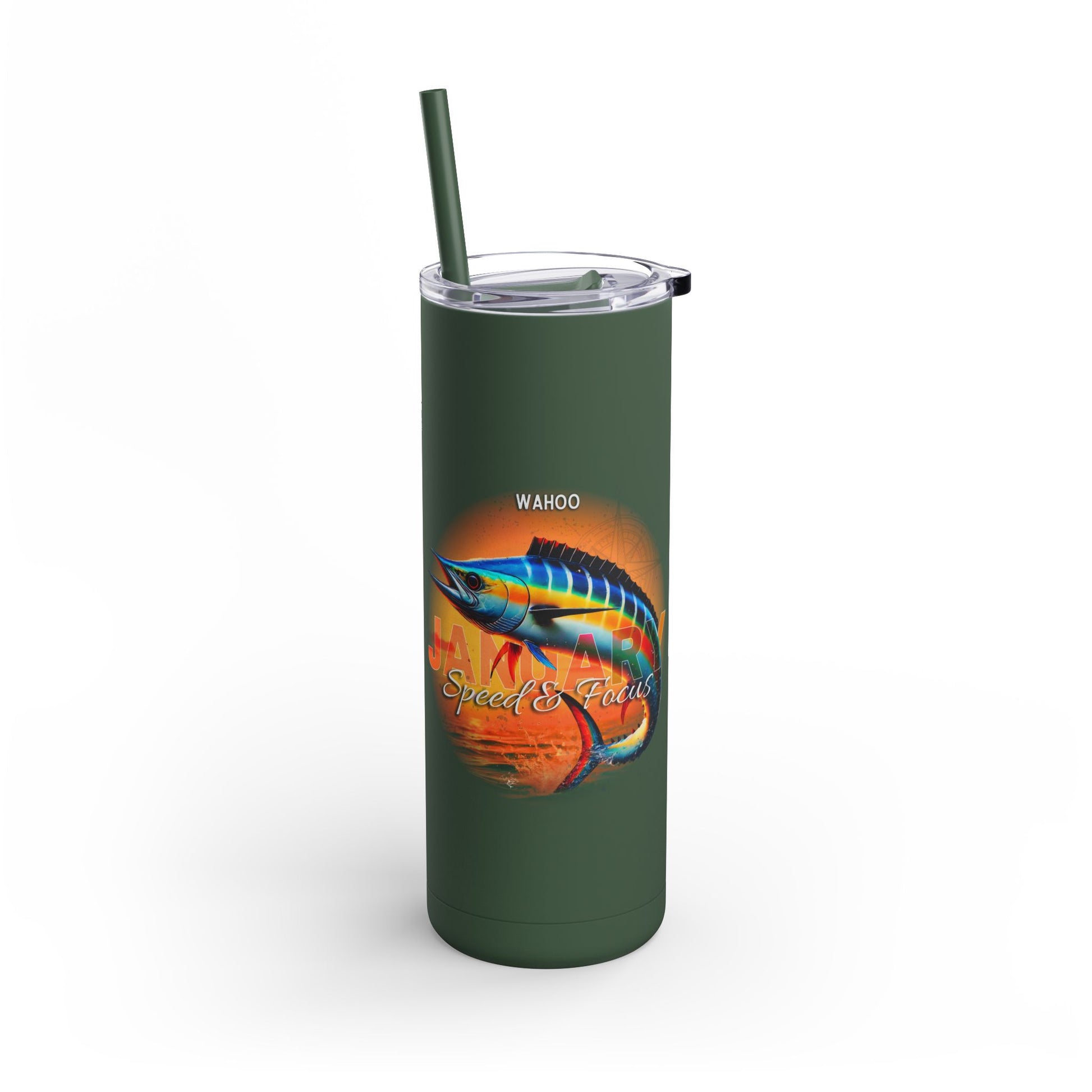 Green birth month travel tumbler with wahoo fish graphic and clear lid with straw