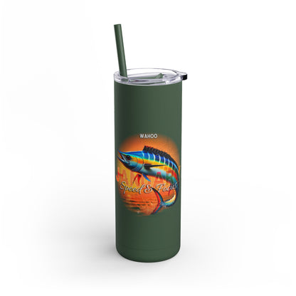 Green birth month travel tumbler with wahoo fish graphic and clear lid with straw