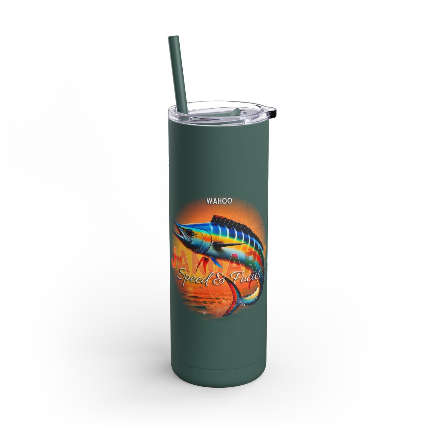 Green birth month travel tumbler with colorful Wahoo fish and Speed and Focus design