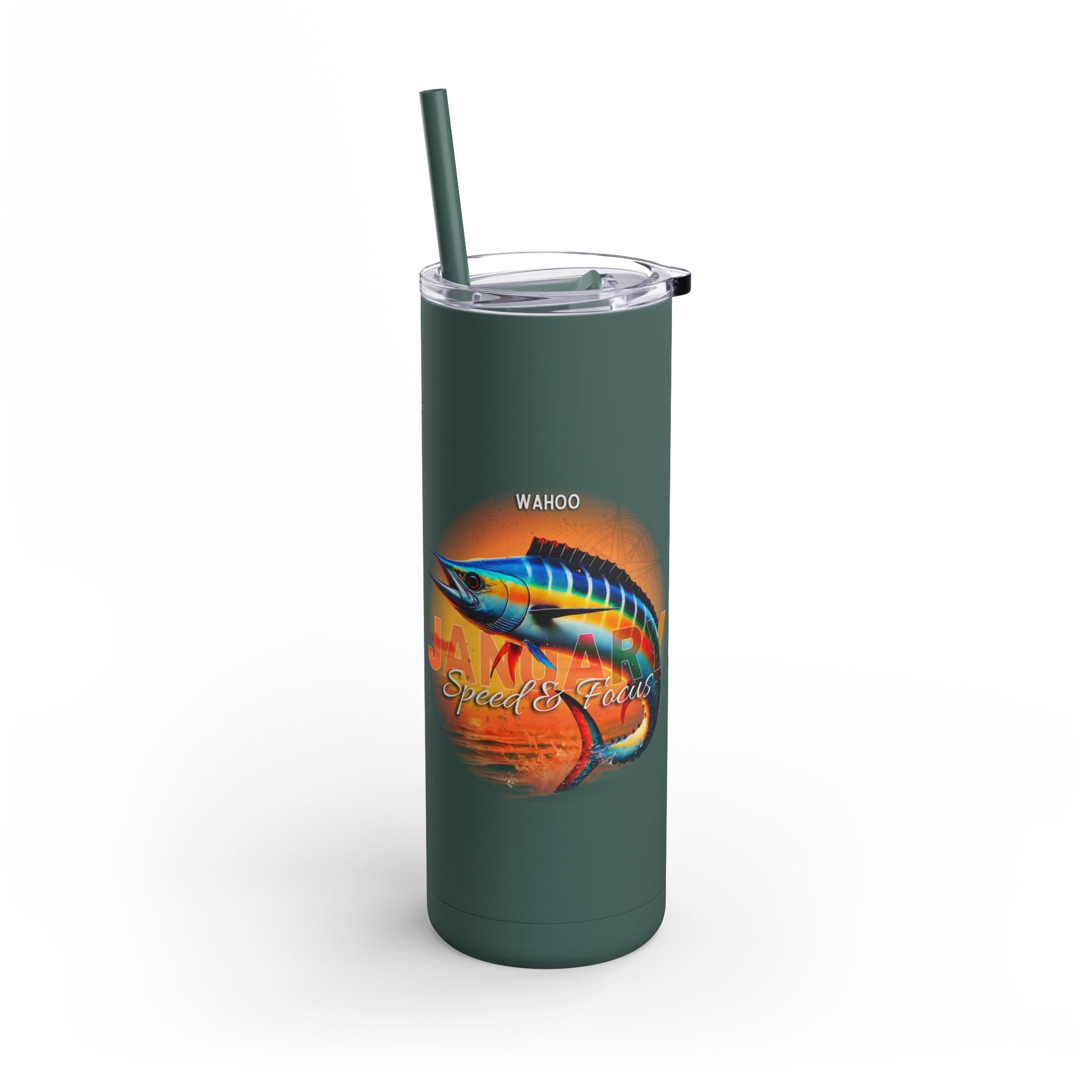 Green birth month travel tumbler with colorful Wahoo fish and Speed and Focus design