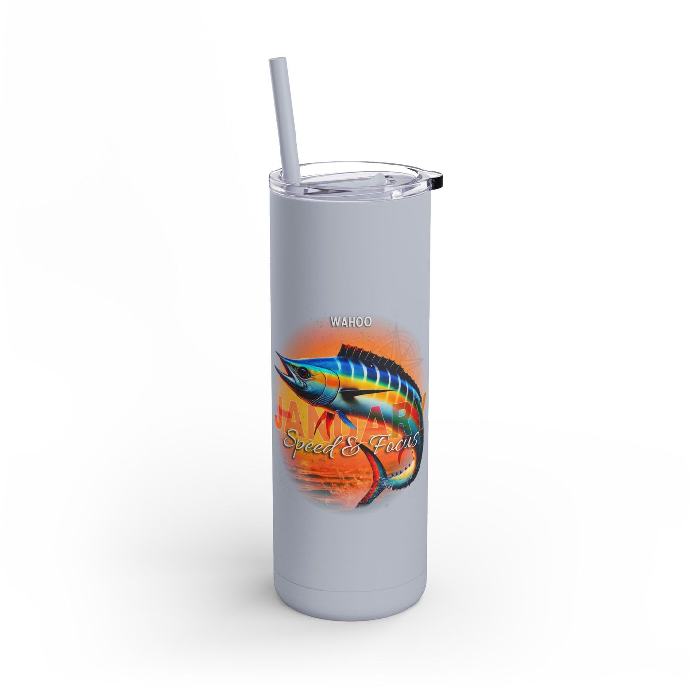 Birth month travel tumbler with colorful wahoo fish design and clear lid with straw