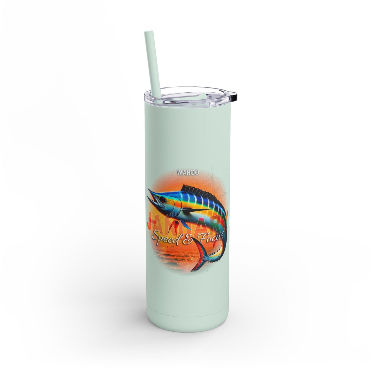 Mint green birth month travel tumbler with colorful wahoo fish design and clear lid with straw