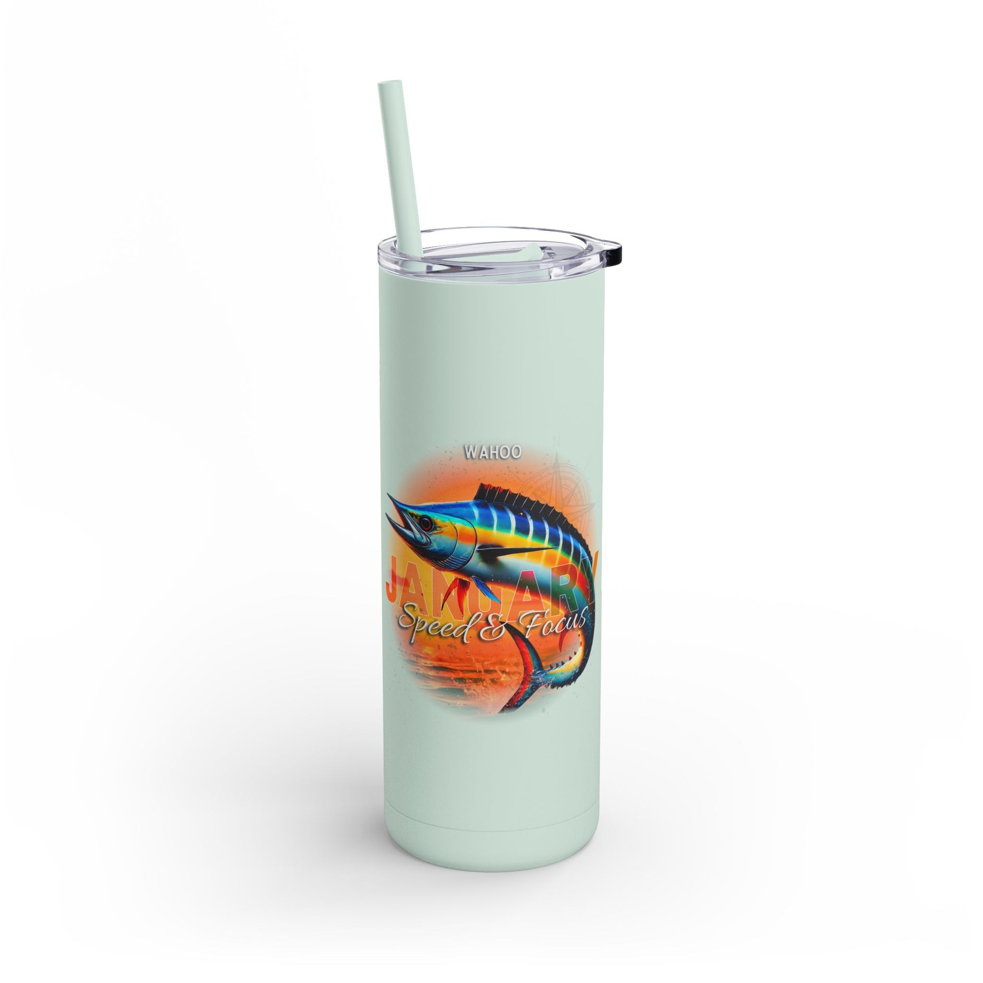 Mint green birth month travel tumbler with colorful wahoo fish design and clear lid with straw
