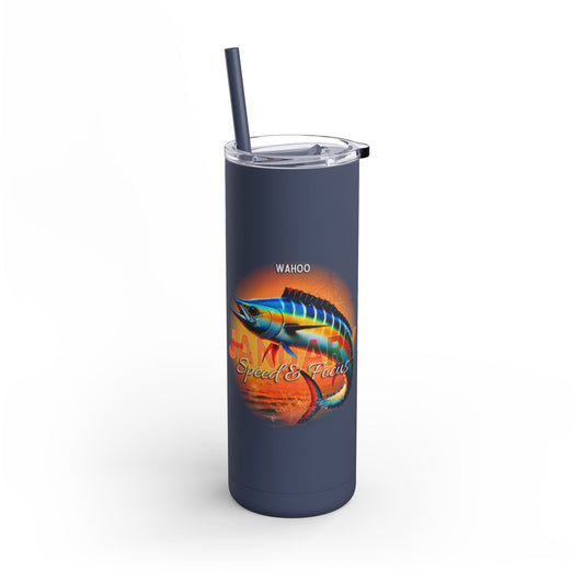 Birth month travel tumbler with colorful wahoo fish design and clear lid with straw 
