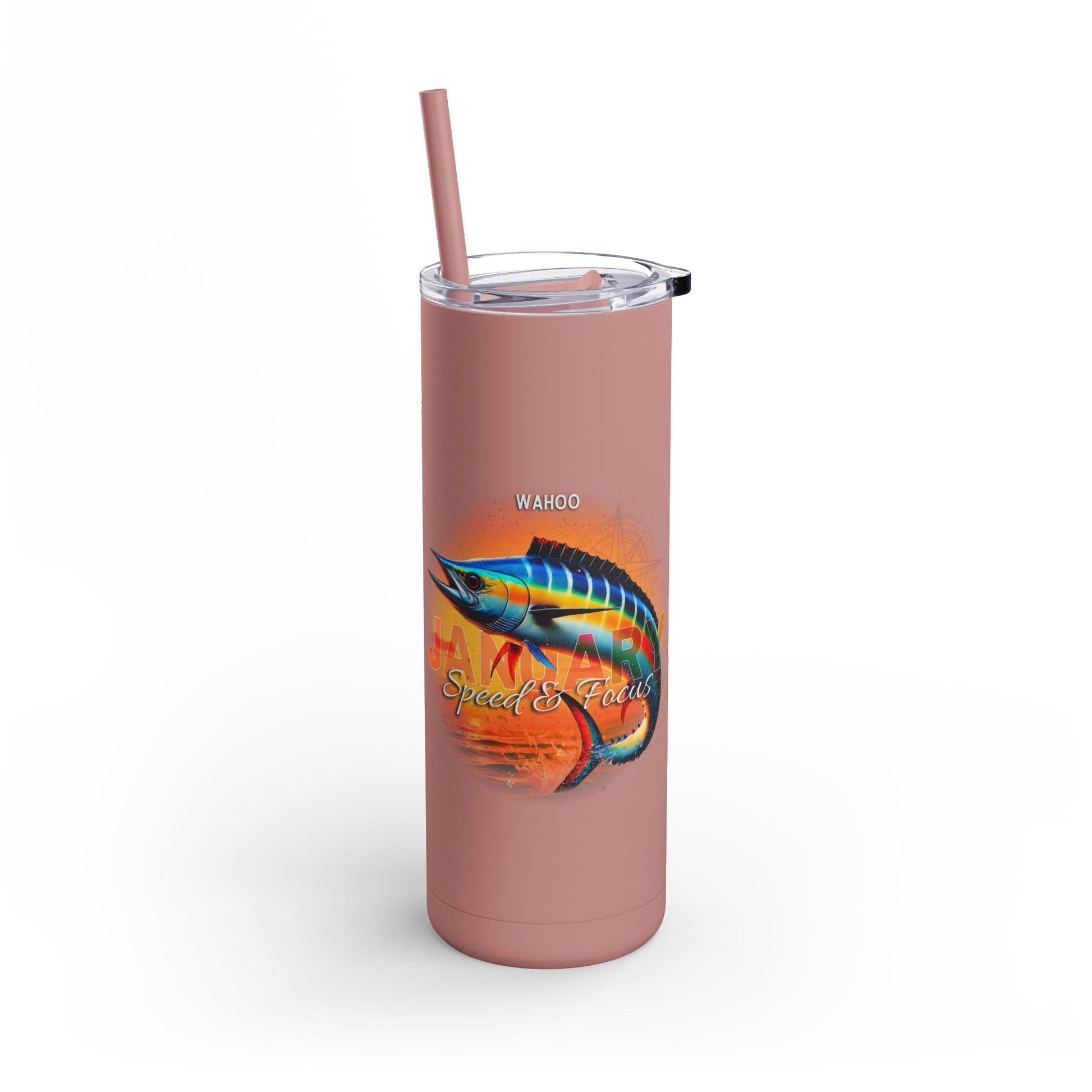 Mug birth month travel tumbler with colorful wahoo fish design and straw on pink background