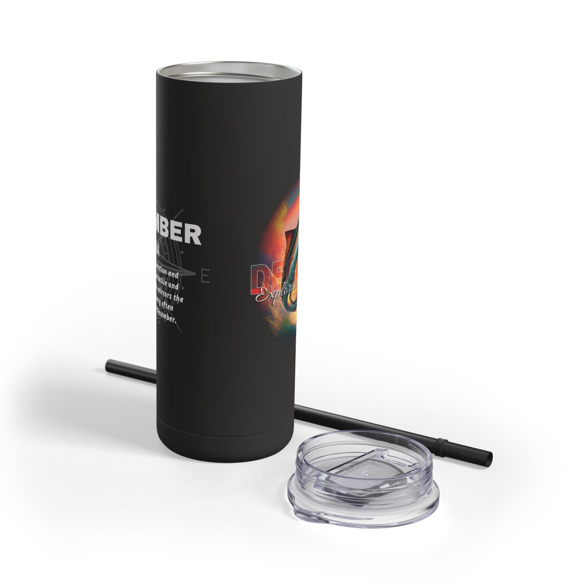 Black birth month travel tumbler with colorful graphic design and detachable lid and straw
