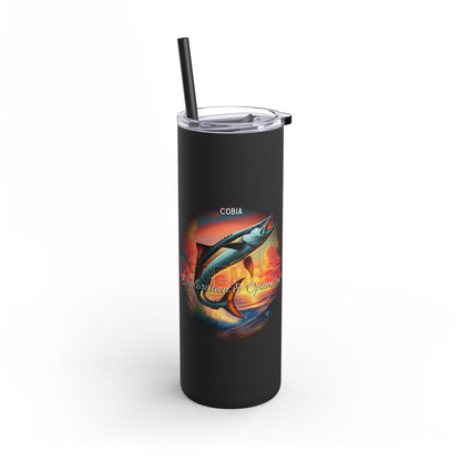 Black birth month travel tumbler featuring a colorful Cobia fish design with clear lid and black straw