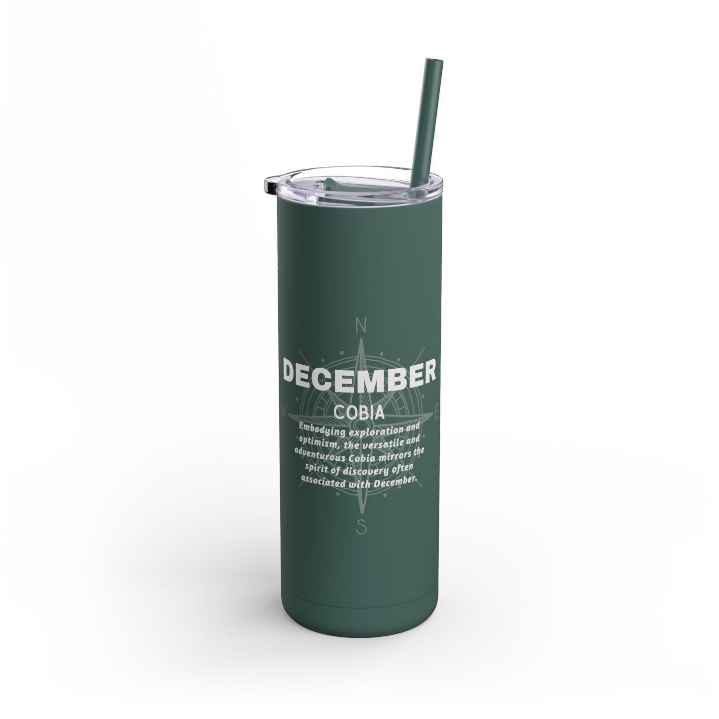 December Cobia birth month travel tumbler with green body and clear lid 