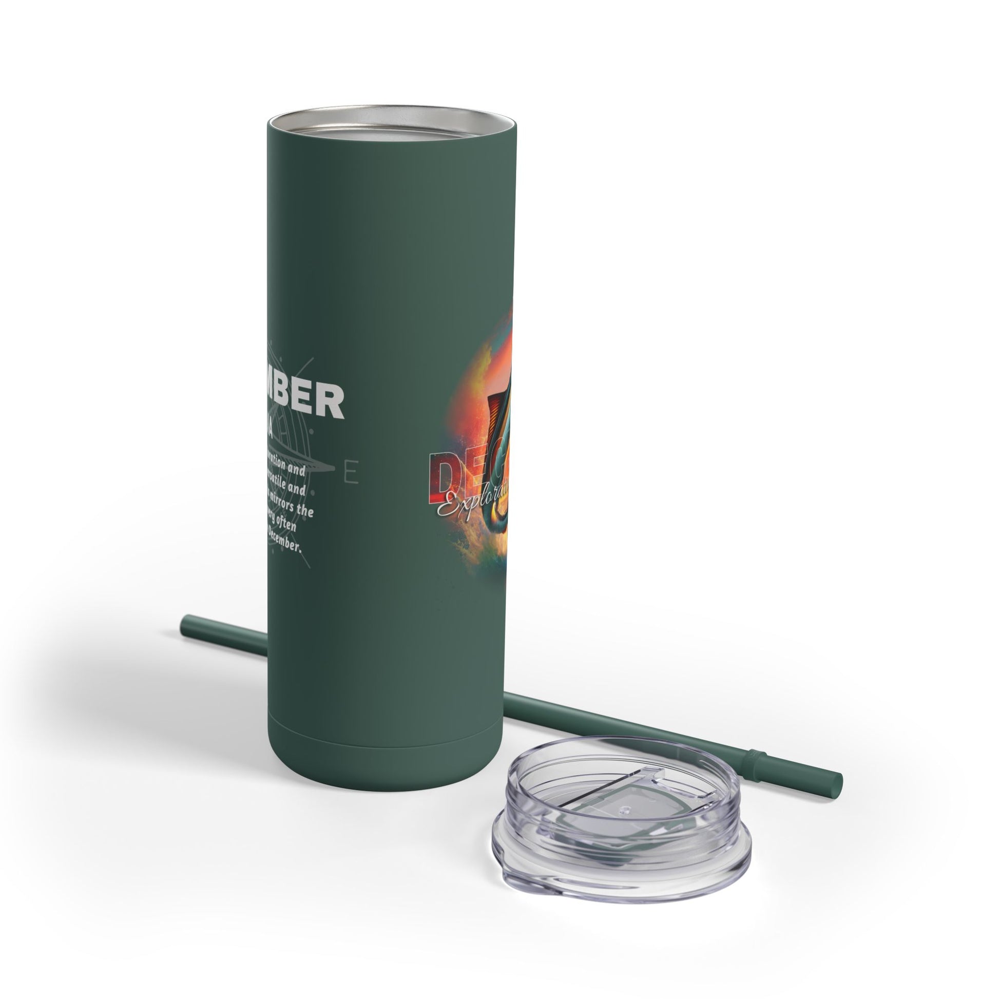Birth month travel tumbler in dark green with a removable lid and matching straw