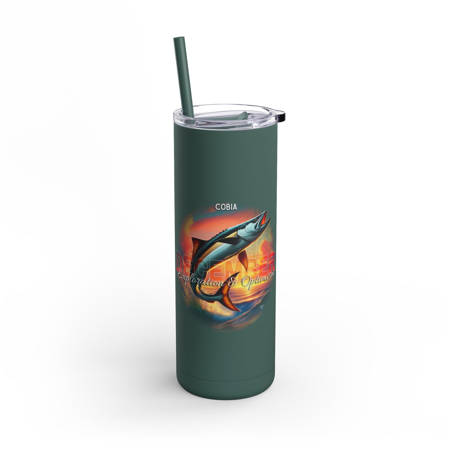 Birth month travel tumbler in dark green with a colorful cobia fish design and a straw lid