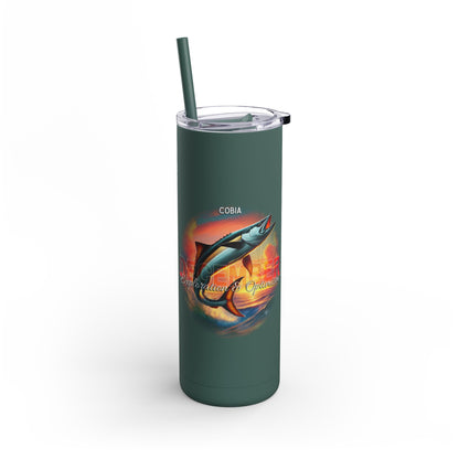 Birth month travel tumbler in dark green with a colorful cobia fish design and a straw lid
