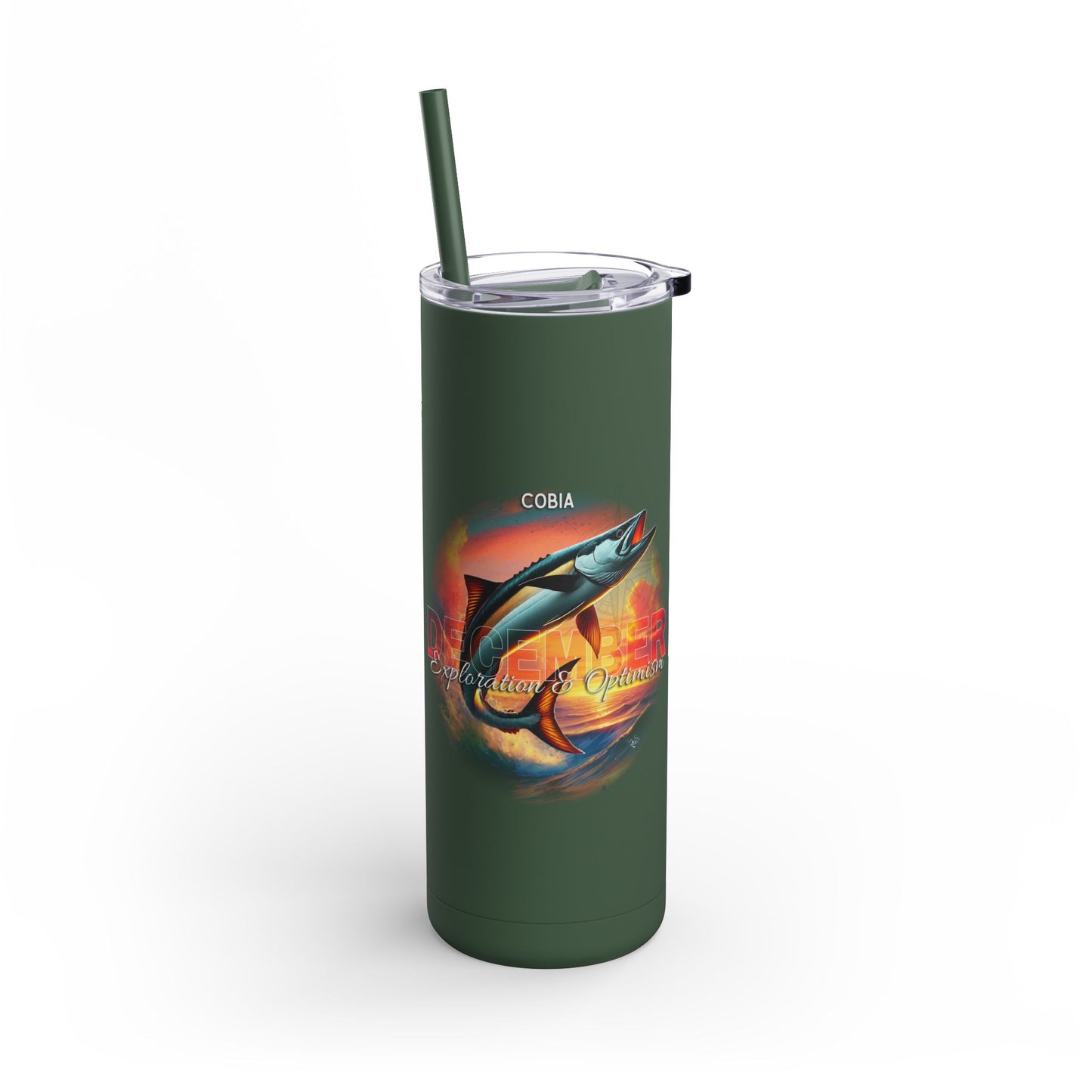 Green birth month travel tumbler with fish design and clear lid with straw