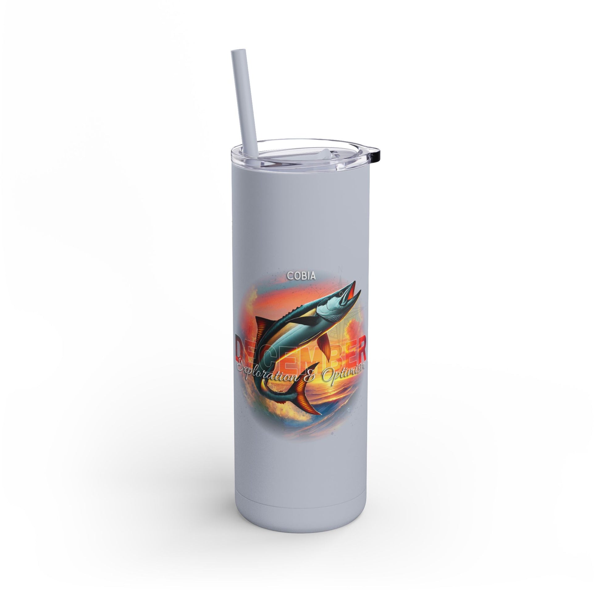 Gray birth month travel tumbler with fish graphic and clear lid with straw