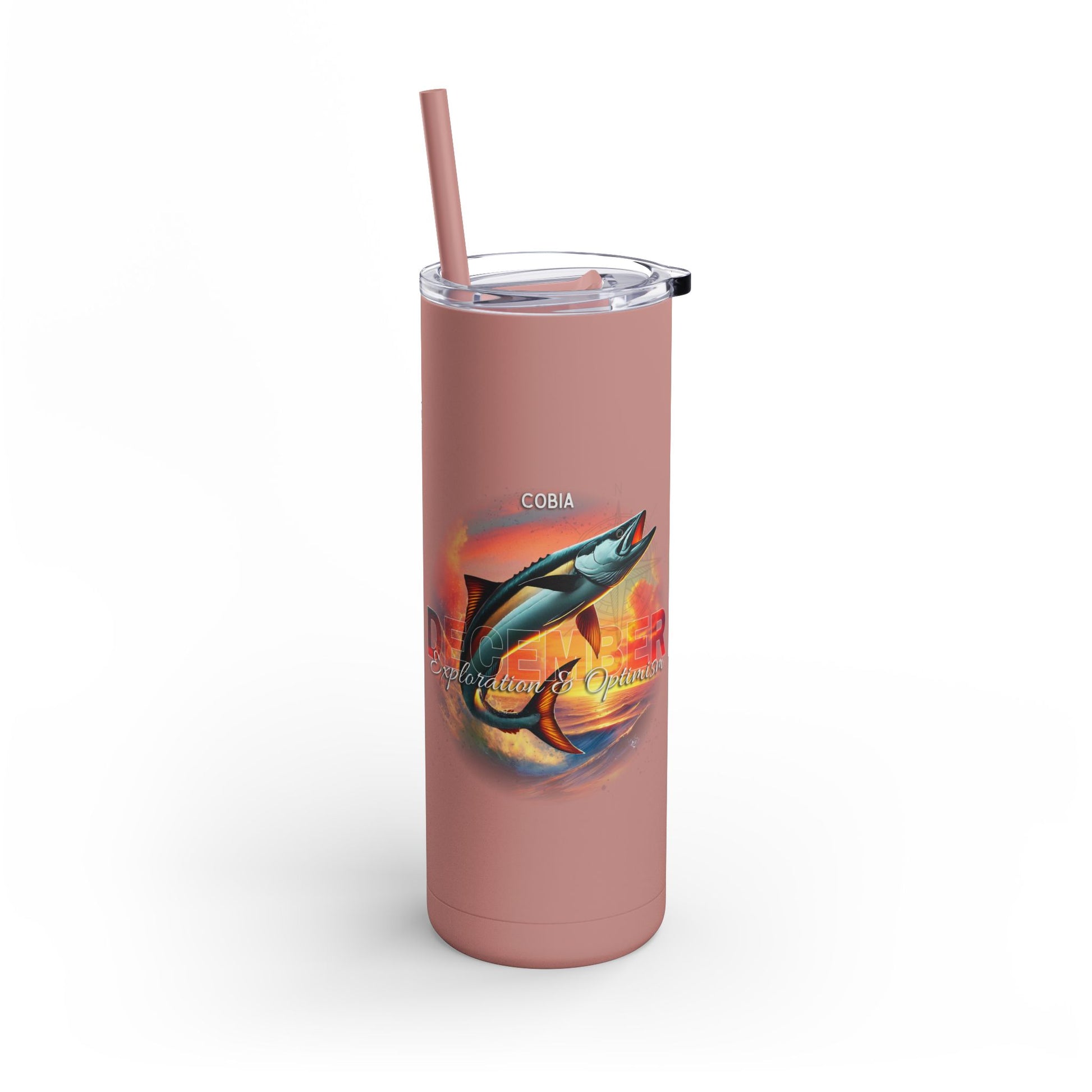 Pink birth month travel tumbler with fish design and clear lid featuring a straw 