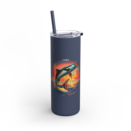 Birth month travel tumbler with blue fish design and clear lid with straw