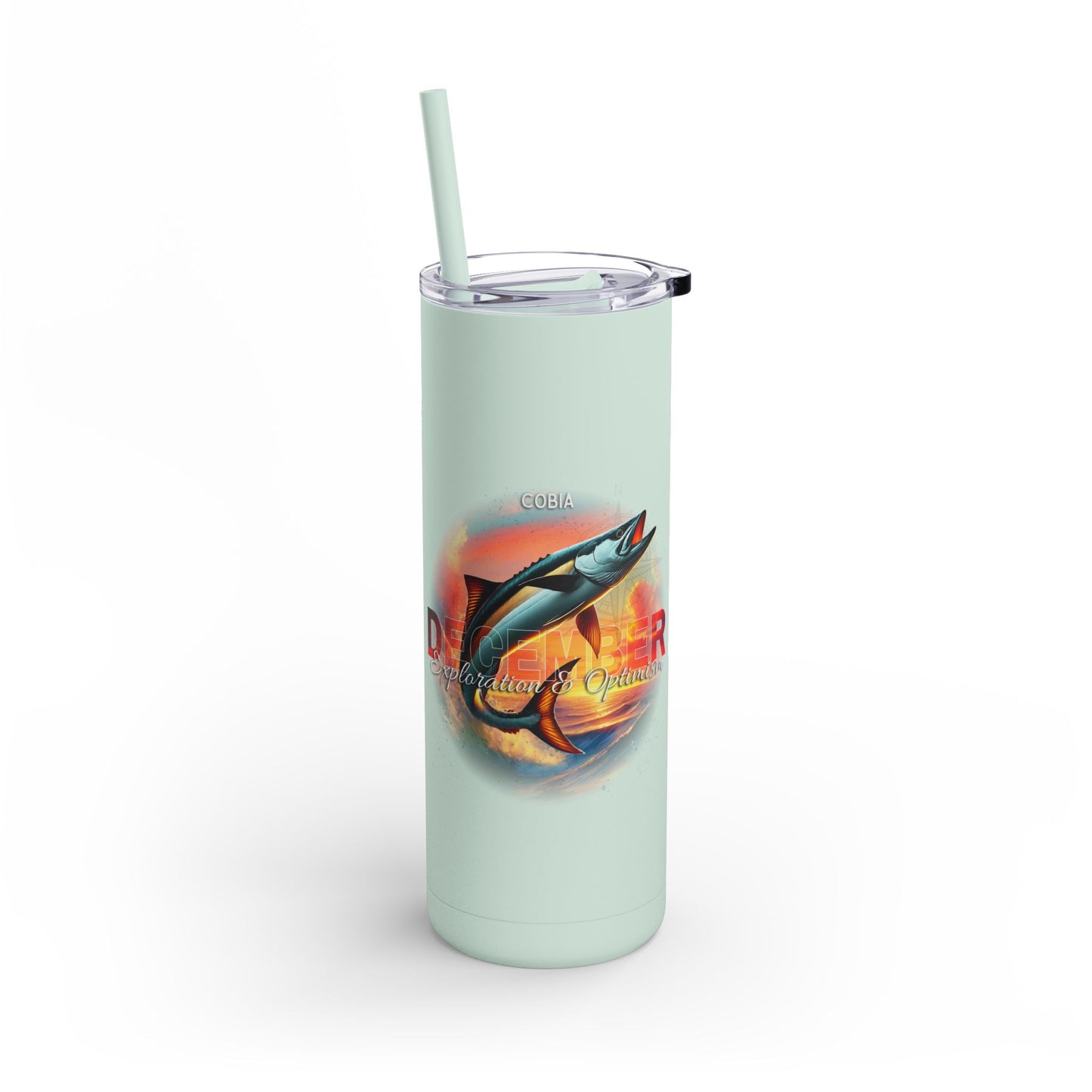 Birth month travel tumbler with fishing graphic and light green color with straw