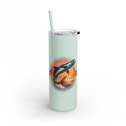 Birth month travel tumbler with fishing graphic and light green color with straw