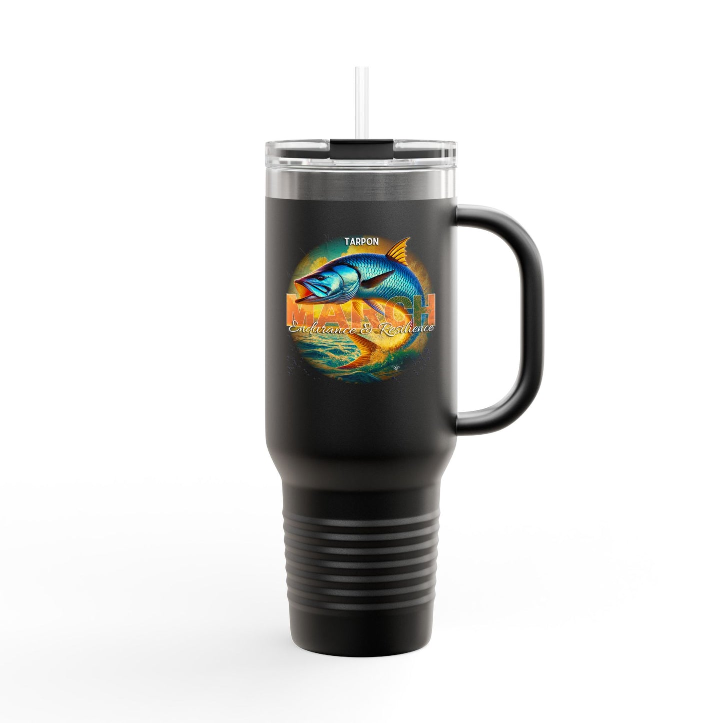 Black birth month travel mug featuring colorful tarpon fish design with lid and straw